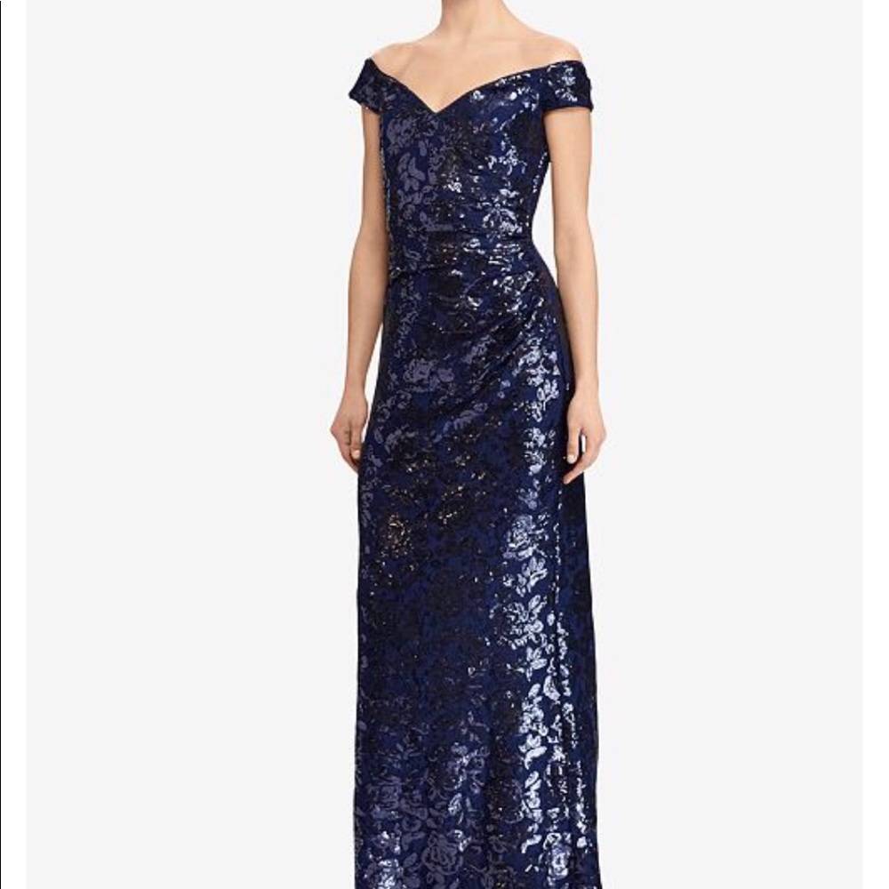 Lauren Ralph Off-The-Shoulder Sequin Gown Navy